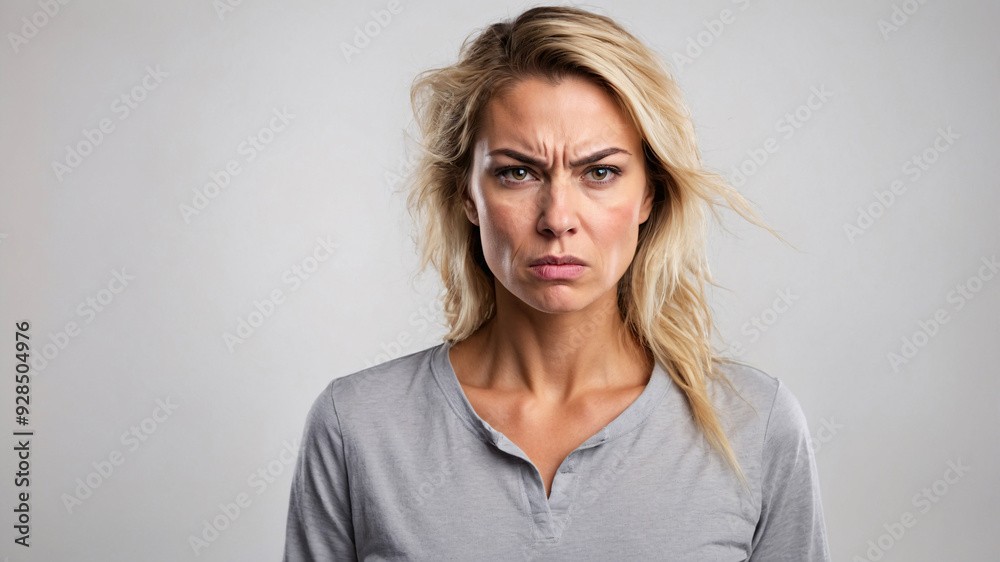 Obraz premium A woman with a serious and angry expression is frowning intensely while wearing a grey top in a studio setting.