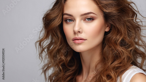 A woman with striking wavy hair and defined features stands out, framed in a polished studio setting background.