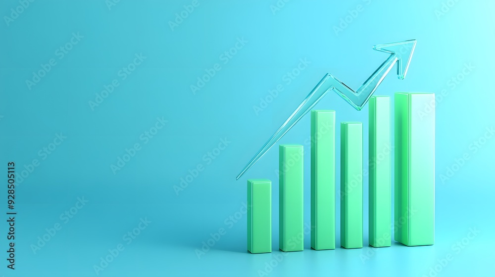 3D bar graph with upward arrow indicating growth on blue background, representing business success and financial improvement. 3D bar graph with upward arrow indicating growth on blue background, representing business success and financial improvement.