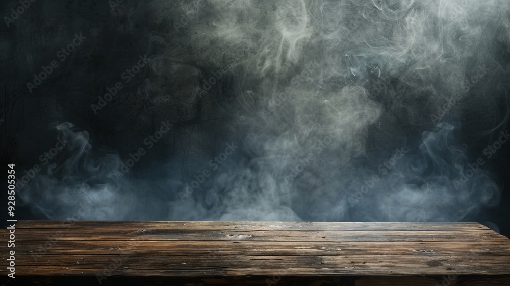 Empty wooden table with smoke rising against a dark background, ideal for moody product displays, dramatic culinary scenes, and atmospheric advertising concepts Empty wooden table with smoke rising against a dark background, ideal for moody product displays, dramatic culinary scenes, and atmospheric advertising concepts