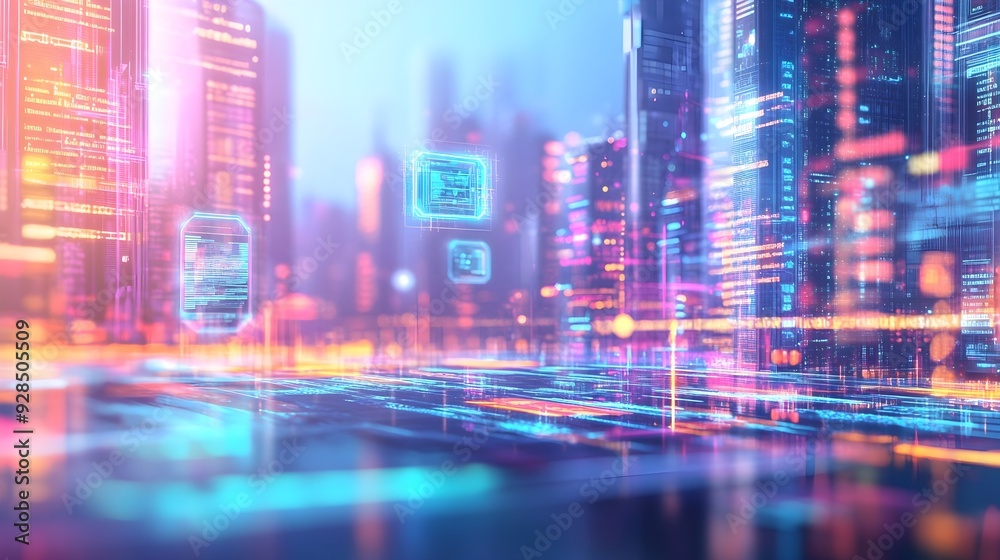 Futuristic Cityscape with Neon Lights and Code Futuristic Cityscape with Neon Lights and Code