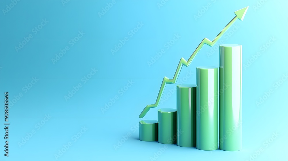 3D bar graph with upward arrow on blue background, representing growth, success, and progress in business or finance. 3D bar graph with upward arrow on blue background, representing growth, success, and progress in business or finance.
