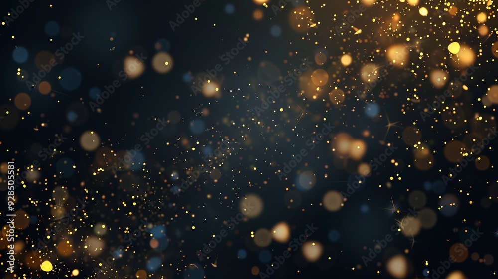 Fototapeta premium Festive vector background featuring gold glitter and colorful confetti for christmas celebration, black background with glowing golden particles and sparkling decorations