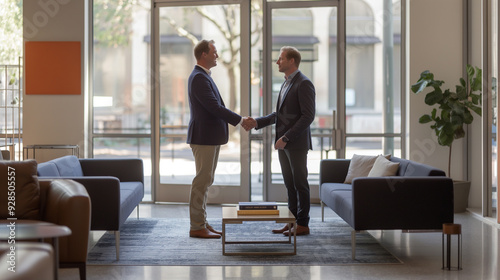 a businessman shaking hands with a client or colleague in a contemporary office space, business networking in modern office 