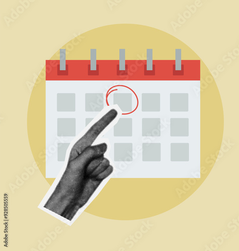 Halftone hand shows important day on calendar. Time management concept. Desktop calendar with a marked date.