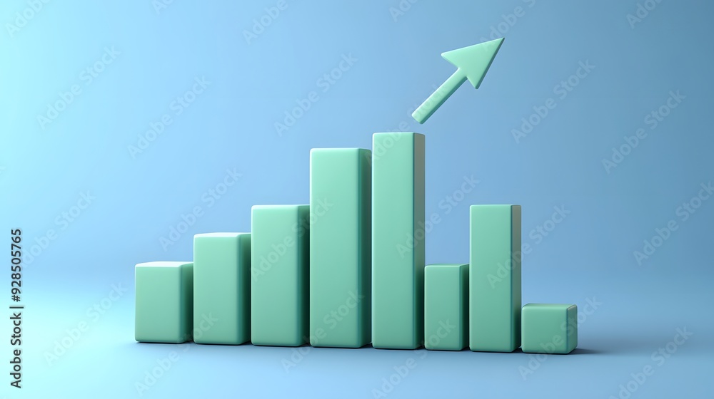 3D bar graph with upward arrow showing rising trend, isolated on blue background. Business and financial growth concept. 3D bar graph with upward arrow showing rising trend, isolated on blue background. Business and financial growth concept.