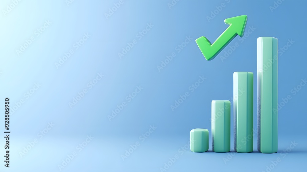 3D bar graph with upward green arrow on blue background, representing growth, progress, success, and positive business trends. 3D bar graph with upward green arrow on blue background, representing growth, progress, success, and positive business trends.