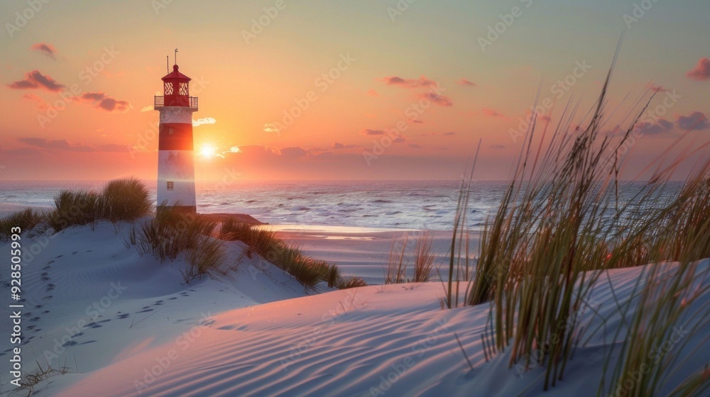 Sunset over the seaside with a lighthouse and sandy dunes under a colorful sky Sunset over the seaside with a lighthouse and sandy dunes under a colorful sky