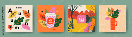 Set of trendy art style abstract autumn greeting card, poster, cover, with bright leaves and autumn forest. Fall print, web banner, flyer design. Template for ads, social media and season decoration