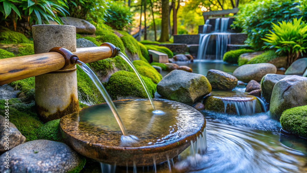 Water Flowing from a Japanese Waterfall Against a Vibrant Green Landscape Water Flowing from a Japanese Waterfall Against a Vibrant Green Landscape
