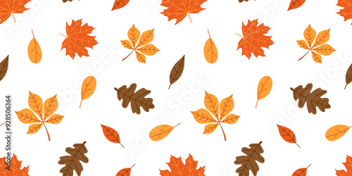 Autumn leaves seamless pattern on white background. Flat vector illustration