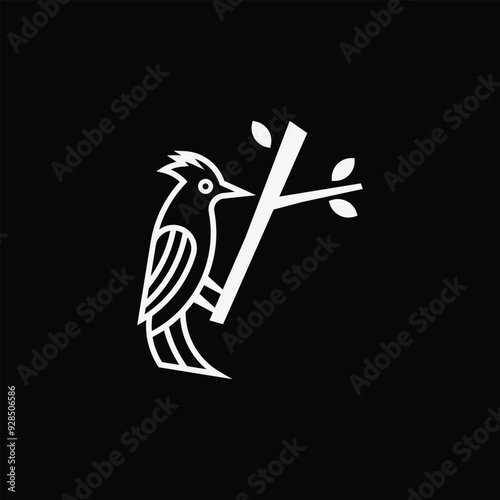 woodpecker bird with tree and leaf logo vector