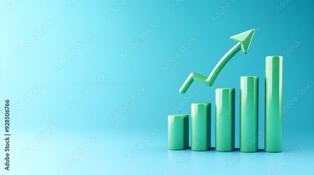 3D graph with upward arrow on blue background representing business growth, financial success, or positive progress in analytics.