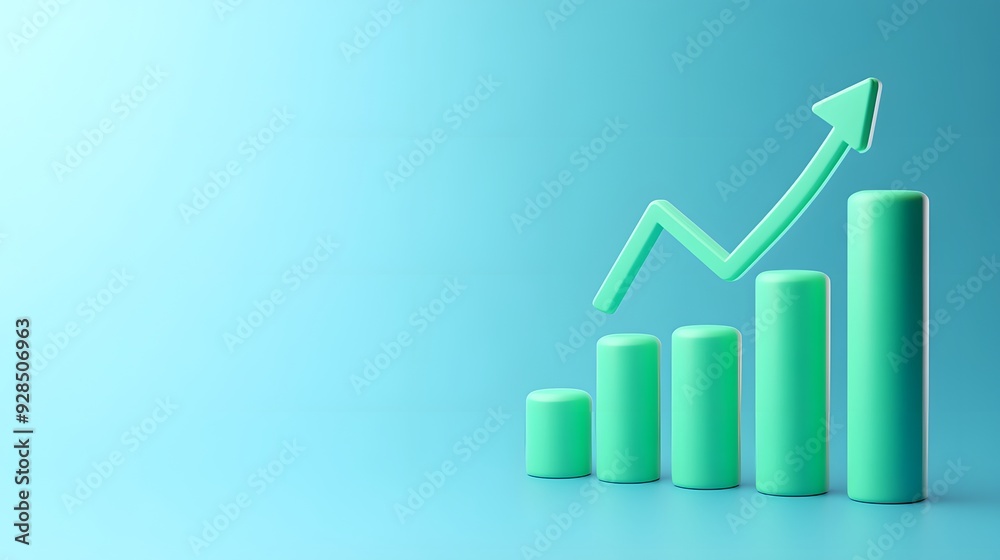 3D graph with upward trend arrow on blue background, representing business growth, success, and positive financial performance. 3D graph with upward trend arrow on blue background, representing business growth, success, and positive financial performance.