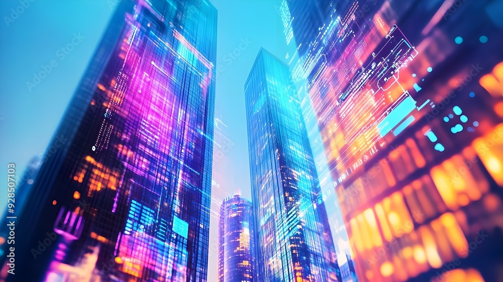 Futuristic Cityscape with Neon Lights and Digital Data Futuristic Cityscape with Neon Lights and Digital Data