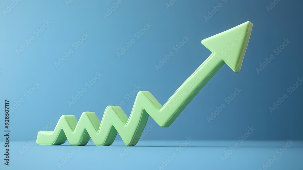 3D green arrow graph pointing upwards on a blue background, representing growth, success, business improvement, and financial progress. 3D green arrow graph pointing upwards on a blue background, representing growth, success, business improvement, and financial progress.