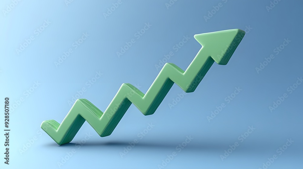 3D green arrow pointing upwards on a blue background, representing growth, progress, and positive trends in business and finance. 3D green arrow pointing upwards on a blue background, representing growth, progress, and positive trends in business and finance.