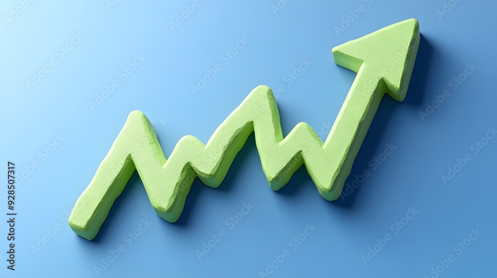 3D green arrow rising upwards on a blue background symbolizing business growth, success, progress, and financial gain. 3D green arrow rising upwards on a blue background symbolizing business growth, success, progress, and financial gain.