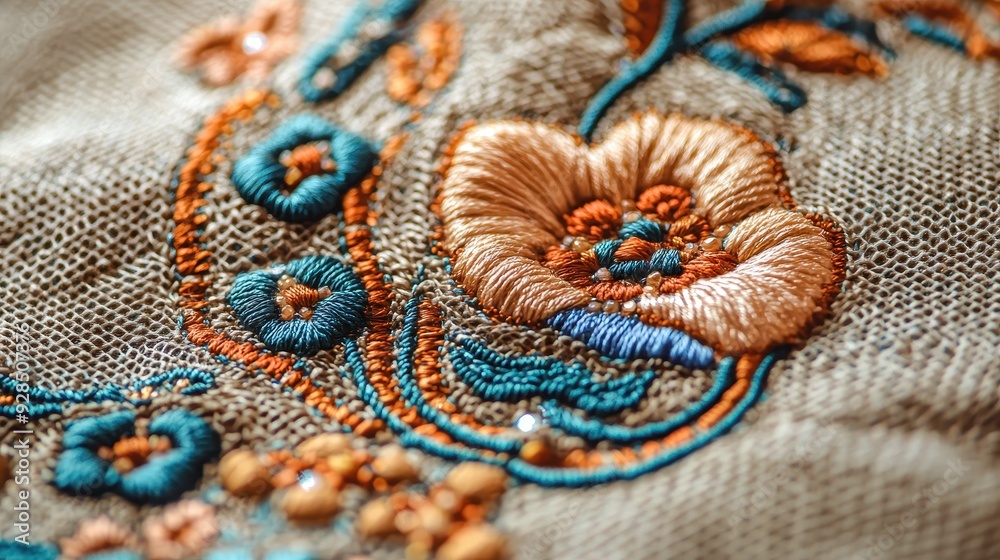 Close-up of colorful embroidered fabric with flowers. Close-up of colorful embroidered fabric with flowers.