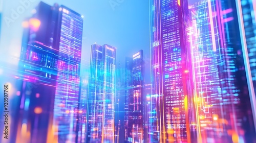 Futuristic Cityscape with Neon Lights and Digital Effects