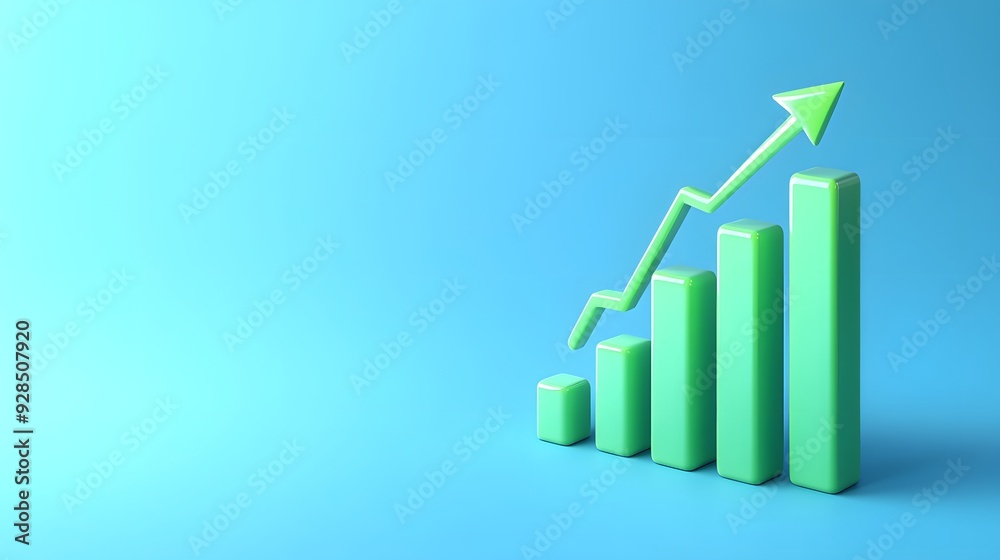 3D green bar chart with upward arrow on blue background, depicting business growth and positive financial performance. Concept of success.