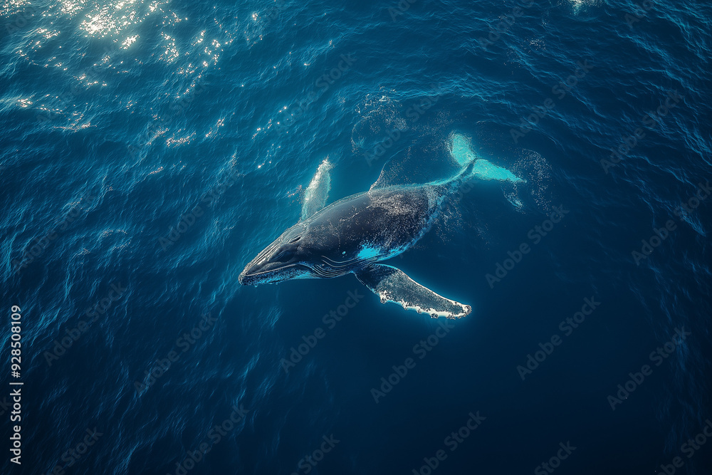 Fototapeta premium Ariel view of a humpback whale swimming in the water