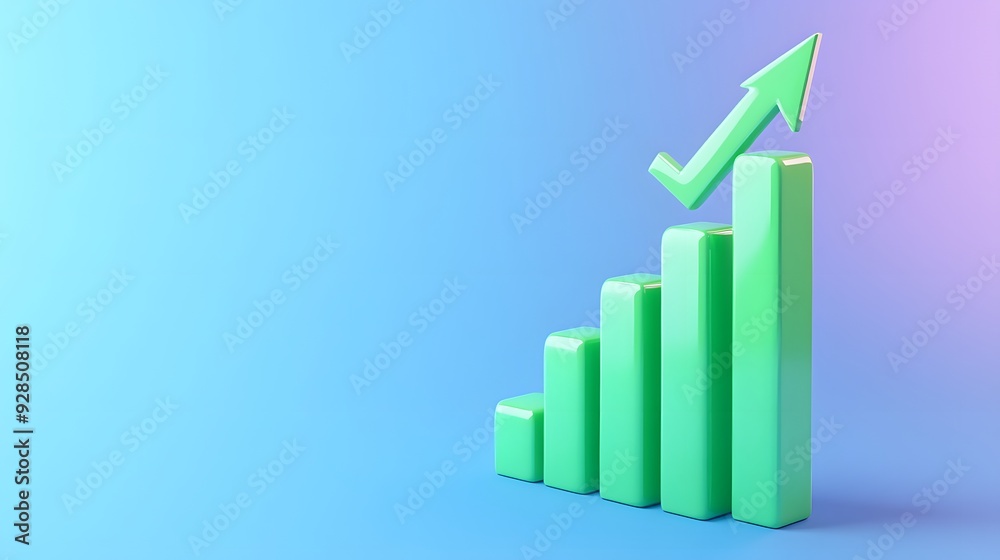 3D green bar graph ascending with upward arrow on a blue and purple gradient background, representing business growth and success. 3D green bar graph ascending with upward arrow on a blue and purple gradient background, representing business growth and success.