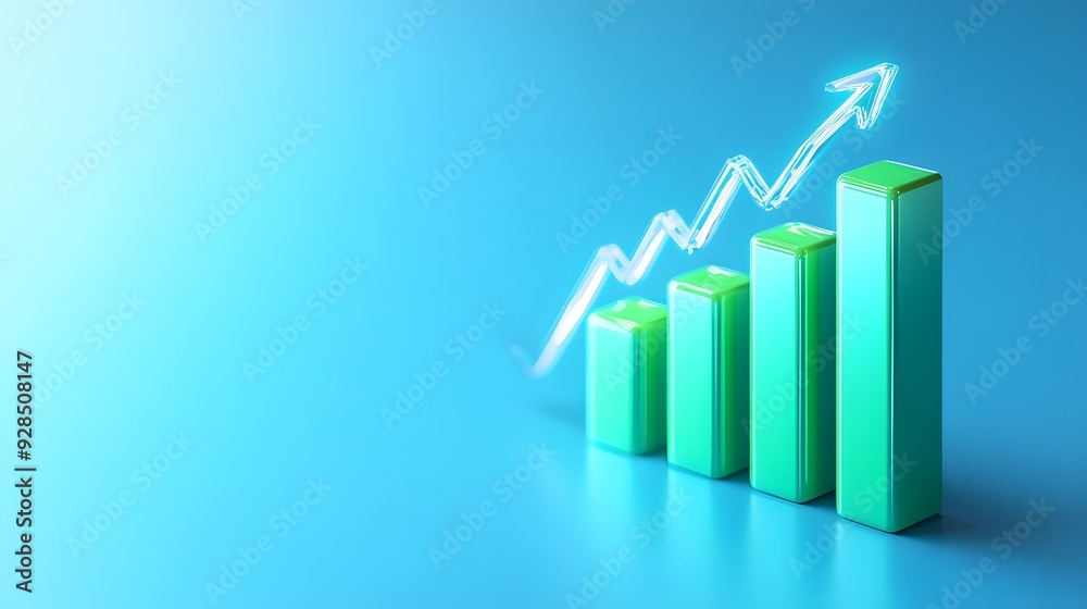 3D green bar graph on blue background with arrow indicating upward growth. Concept of success, progress, and financial growth. 3D green bar graph on blue background with arrow indicating upward growth. Concept of success, progress, and financial growth.
