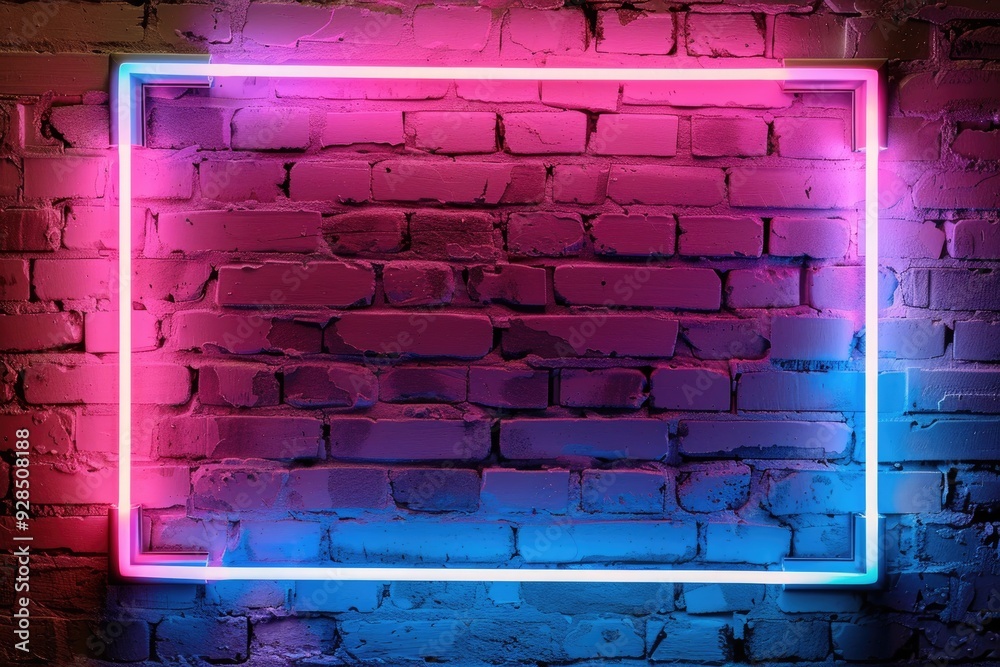 Neon Glowing Frame on Brick Wall - Vibrant Pink and Purple Urban Light Art Neon Glowing Frame on Brick Wall - Vibrant Pink and Purple Urban Light Art
