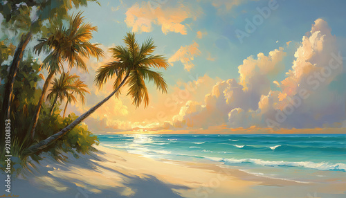 peaceful beach scene with soft white sand, gently swaying palm trees, and a turquoise ocean stretching out to the horizon. The sun is setting, casting a golden glow across the sky and water.