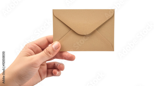 Hand holding envelope card isolated on transparent background, PNG