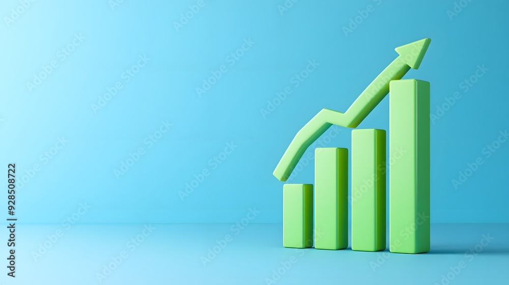 3D green bar graph with an upward arrow symbolizing growth and success on a blue background. Perfect for business and finance themes. 3D green bar graph with an upward arrow symbolizing growth and success on a blue background. Perfect for business and finance themes.