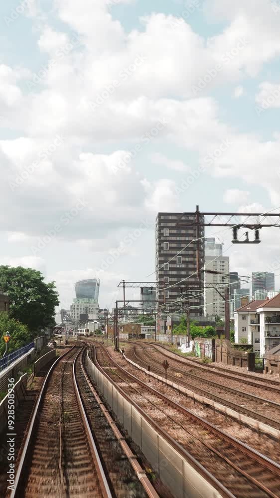 POV shot from the moving docklands light railway london in vertical POV shot from the moving docklands light railway london in vertical