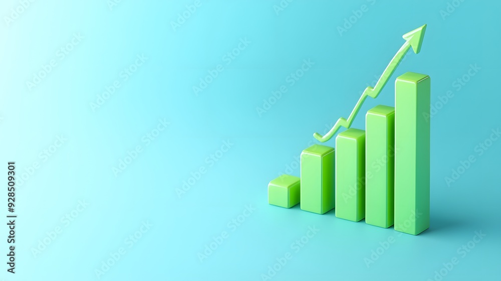 3D green bar graph with upward arrow on blue background, representing growth and success in business or financial concept.