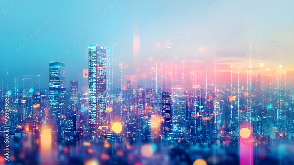Futuristic Cityscape with Neon Lights and Digital Lines Futuristic Cityscape with Neon Lights and Digital Lines
