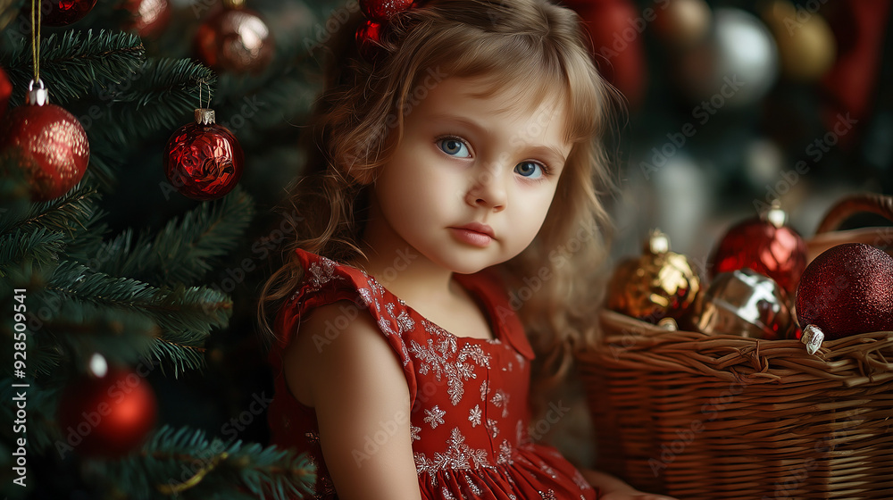 Little Girl in Red Dress Sitting by Christmas Tree with Basket of Ornaments Little Girl in Red Dress Sitting by Christmas Tree with Basket of Ornaments