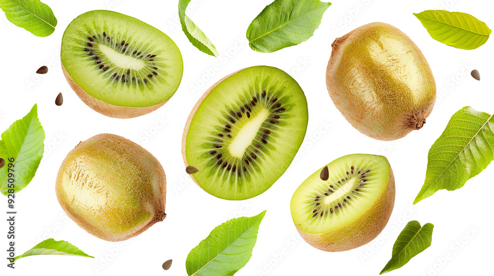 Fototapeta premium Kiwi and leaves flying isolated on transparent background, PNG