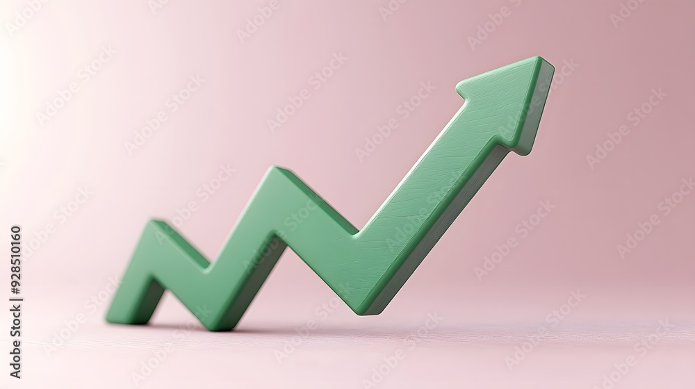 3D green upward arrow graph depicting growth and success on a pink background, ideal for business and financial concepts. 3D green upward arrow graph depicting growth and success on a pink background, ideal for business and financial concepts.