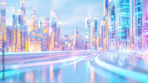 Futuristic Cityscape with Neon Lights and Glass Buildings