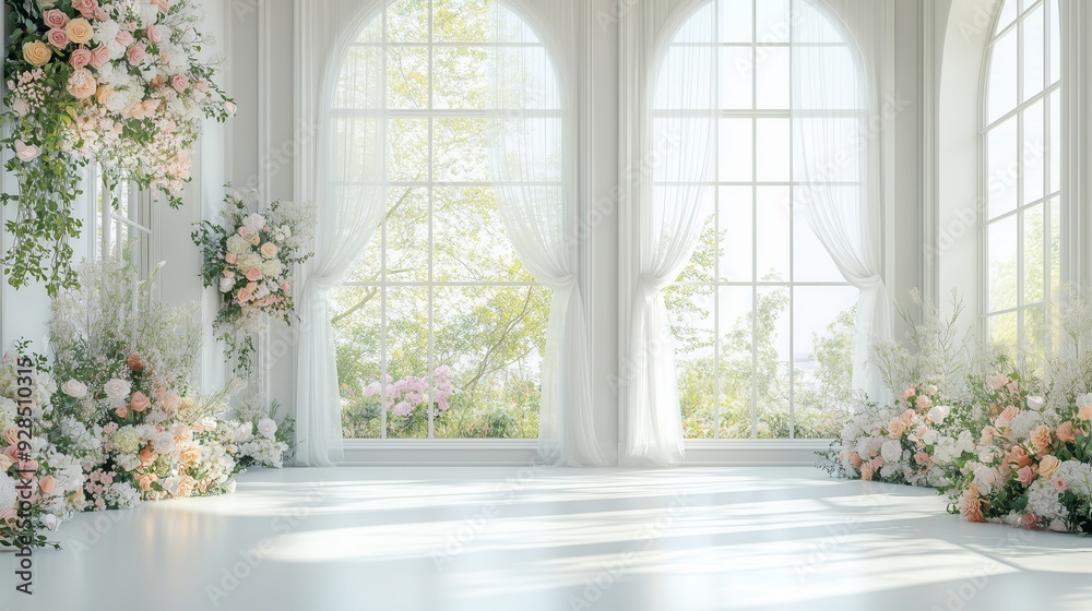Fototapeta premium Elegant floral arrangement in a sunlit venue with large windows and soft drapery