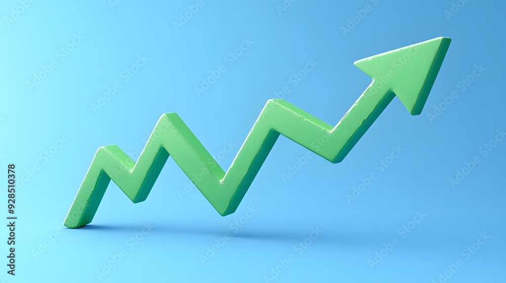 3D green upward zigzag arrow on blue background representing business growth, success, and positive financial trends. 3D green upward zigzag arrow on blue background representing business growth, success, and positive financial trends.