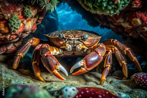 A large, majestic crab emerges from the dark, coral-encrusted seafloor, its shell glistening in the faint light of a Caribbean night dive. photo