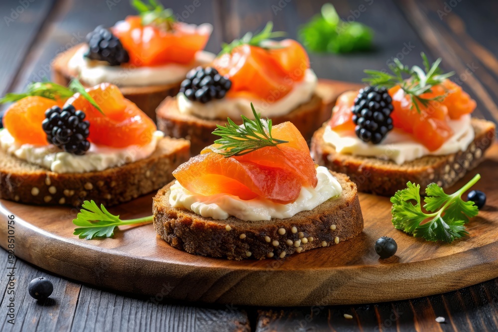 Elegant hors d'oeuvres featuring smoked salmon, cream cheese, and caviar on toasted rye bread, perfect for sophisticated gatherings and luxury events.