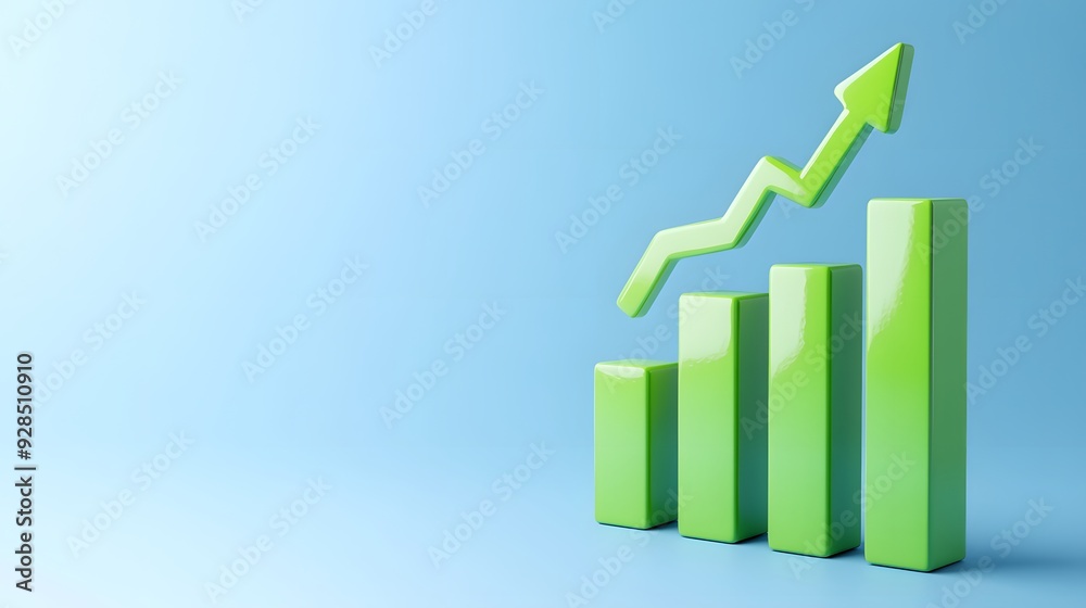 3D illustration of a green bar chart increasing with rising arrow. Concept of growth, success, financial improvement, and positive trends. 3D illustration of a green bar chart increasing with rising arrow. Concept of growth, success, financial improvement, and positive trends.