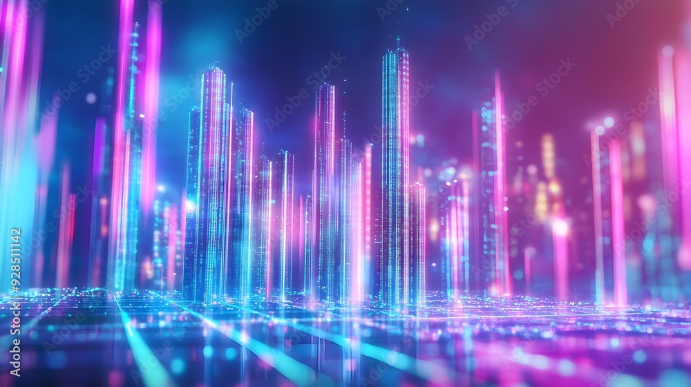 Futuristic Cityscape with Neon Lights and Grid Pattern Futuristic Cityscape with Neon Lights and Grid Pattern
