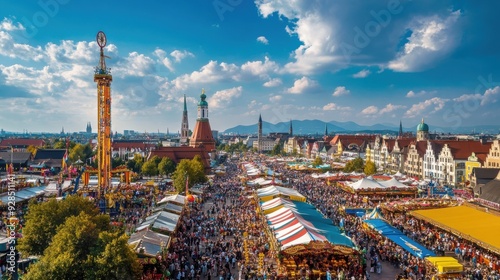 A picturesque view of Munich's famous beer tents during Oktoberfest, with colorful decorations, rows of long tables filled with people enjoying beer and traditional food, and a lively atmosphere photo