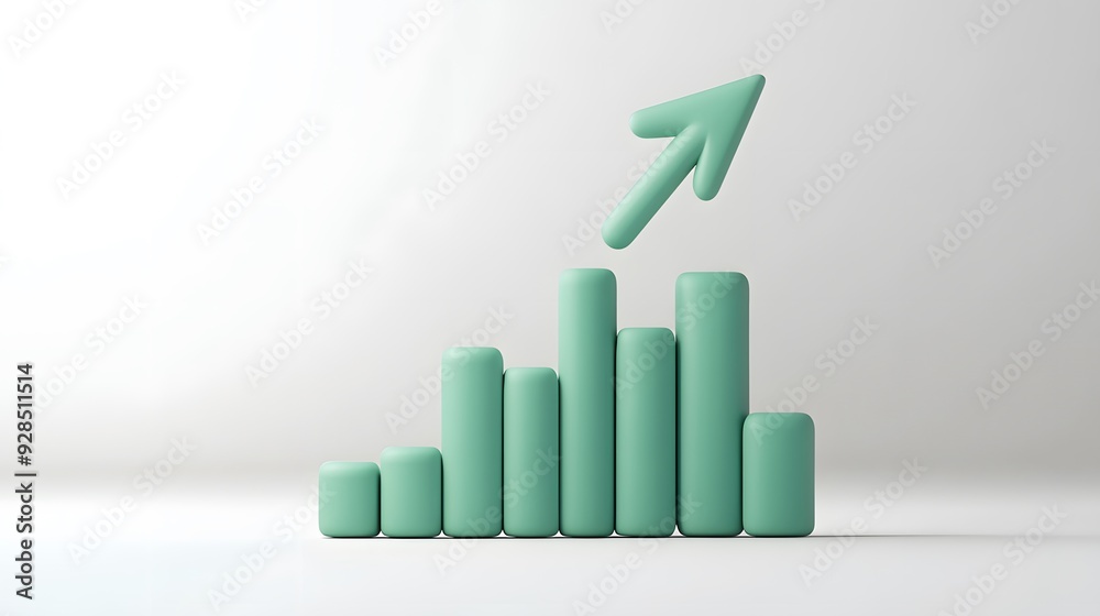 3D render of a green bar chart with an upward arrow showing growth and success on a white background. Ideal for business and finance concepts. 3D render of a green bar chart with an upward arrow showing growth and success on a white background. Ideal for business and finance concepts.