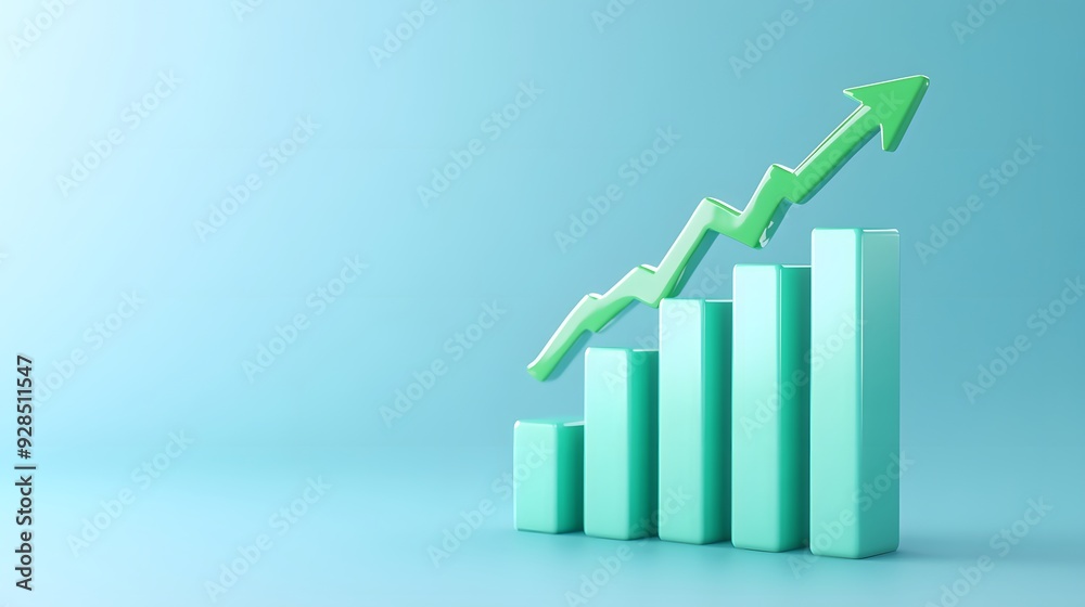 3D render of a green bar graph with an upward arrow on a blue background, representing growth, success, and business progress. 3D render of a green bar graph with an upward arrow on a blue background, representing growth, success, and business progress.