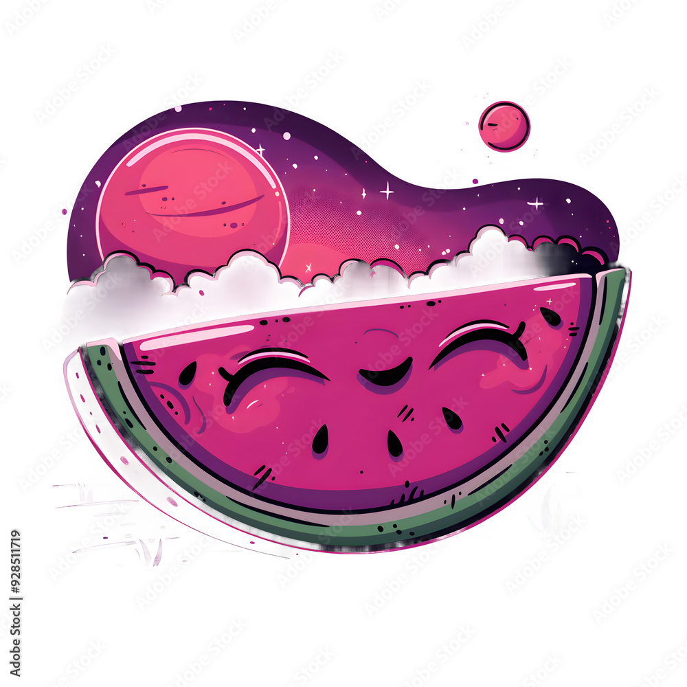 Whimsical illustration of a smiling watermelon slice with a colorful celestial background featuring planets and stars, blending nature and fantasy elements Whimsical illustration of a smiling watermelon slice with a colorful celestial background featuring planets and stars, blending nature and fantasy elements