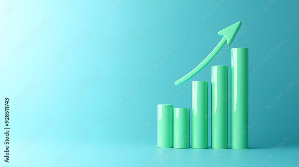 3D render of a rising bar graph with green ascending bars and an arrow indicating growth against a light blue background. 3D render of a rising bar graph with green ascending bars and an arrow indicating growth against a light blue background.